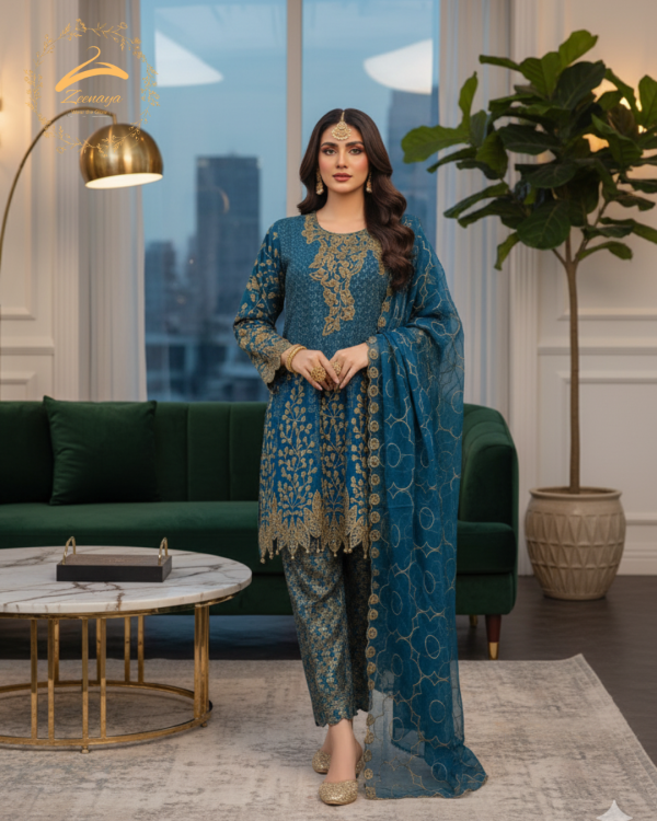 Zeenaya Zinc Embroidered 3-Piece Suit – “Noor-e-Afshan” | Luxury Festive Collection - Image 3